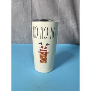 Rae Dunn Christmas HO HO HO Travel Tumbler Mug Santa Chimney White w Black 17 Oz